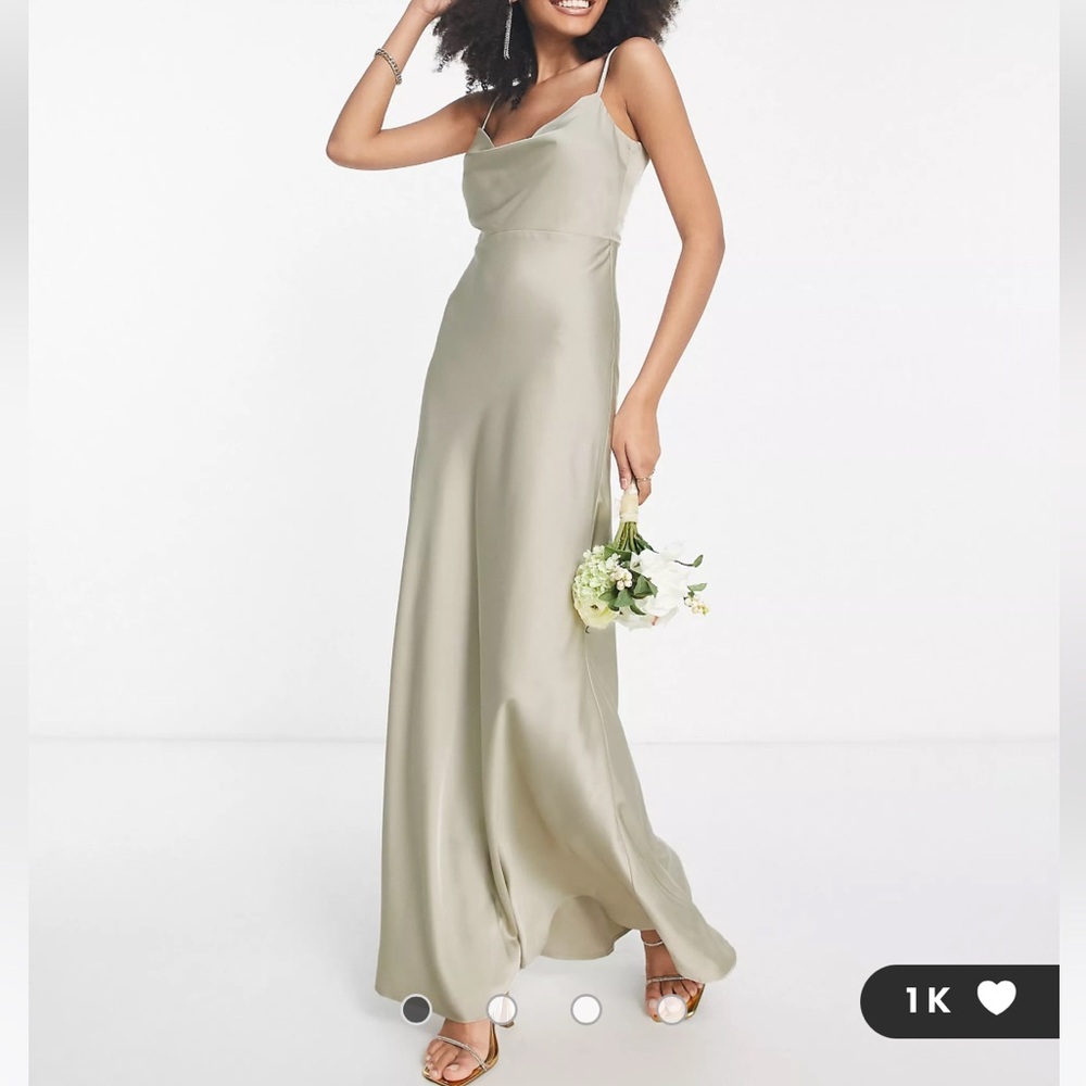 ASOS DESIGN Bridesmaid satin cowl neck maxi dress with full skirt in sage green